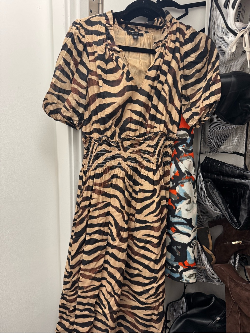 J. Crew Beige and Brown Zebra-Print Puff Sleeve Midi Dress